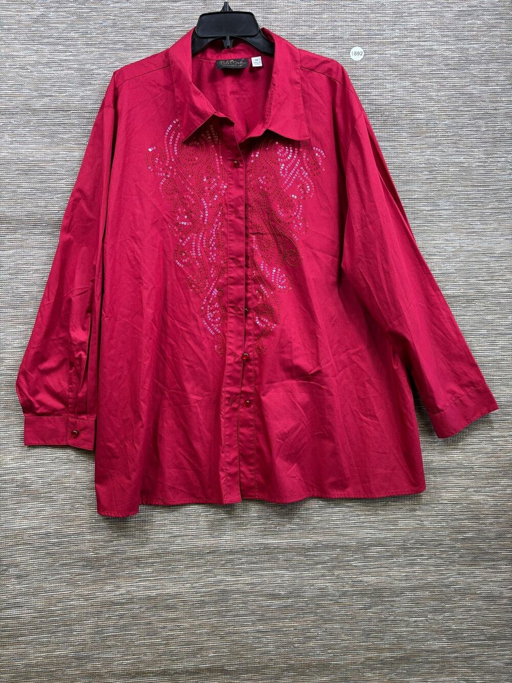 Bob Mackie Button Up Shirt Womens 3X Plus Red Collared Long Sleeve Sequin Trim
